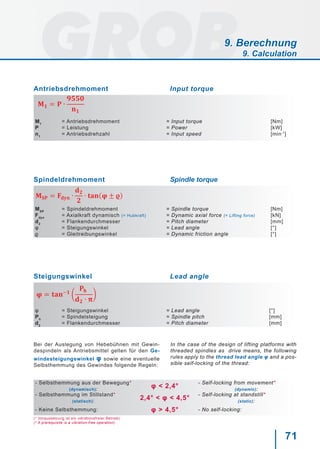 71
MSP
Fdyn
d2
φ
ϱ
= Spindeldrehmoment
= Axialkraft dynamisch (= Hubkraft)
= Flankendurchmesser
= Steigungswinkel
= Gleitreibungswinkel
= Spindle torque
= Dynamic axial force (= Lifting force)
= Pitch diameter
= Lead angle
= Dynamic friction angle
[Nm]
[kN]
[mm]
[°]
[°]
Spindeldrehmoment Spindle torque
φ
Ph
d2
= Steigungswinkel
= Spindelsteigung
= Flankendurchmesser
= Lead angle
= Spindle pitch
= Pitch diameter
[°]
[mm]
[mm]
Steigungswinkel Lead angle
Bei der Auslegung von Hebebühnen mit Gewin-
despindeln als Antriebsmittel gelten für den Ge-
windesteigungswinkel φ sowie eine eventuelle
Selbsthemmung des Gewindes folgende Regeln:
In the case of the design of lifting platforms with
threaded spindles as drive means, the following
rules apply to the thread lead angle φ and a pos-
sible self-locking of the thread:
- Selbsthemmung aus der Bewegung*
(dynamisch): φ < 2,4°
- Self-locking from movement*
(dynamic):
- Selbsthemmung im Stillstand*
(statisch): 2,4° < φ < 4,5°
- Self-locking at standstill*
(static):
- Keine Selbsthemmung: φ > 4,5° - No self-locking:
(* Voraussetzung ist ein vibrationsfreier Betrieb)
(* A prerequisite is a vibration-free operation)
M1
P
n1
= Antriebsdrehmoment
= Leistung
= Antriebsdrehzahl
= Input torque
= Power
= Input speed
[Nm]
[kW]
[min-1
]
Antriebsdrehmoment Input torque
9. Berechnung
9. Calculation
 