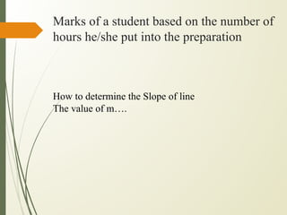 Marks of a student based on the number of
hours he/she put into the preparation
How to determine the Slope of line
The value of m….
 