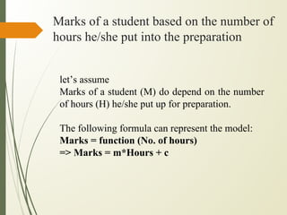 Marks of a student based on the number of
hours he/she put into the preparation
let’s assume
Marks of a student (M) do depend on the number
of hours (H) he/she put up for preparation.
The following formula can represent the model:
Marks = function (No. of hours)
=> Marks = m*Hours + c
 