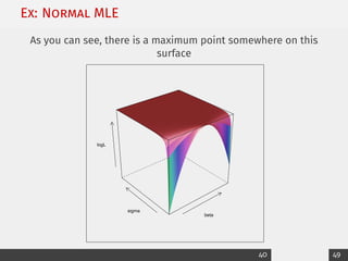 Ex: Normal MLE
As you can see, there is a maximum point somewhere on this
surface
beta
sigma
logL
40 49
 