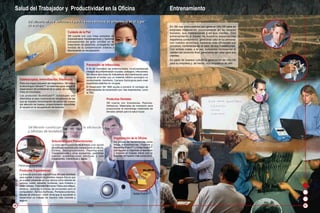 Salud del Trabajador y Productividad en la Oficina                                                                                     Entrenamiento

             3M Minería ofrece soluciones para las necesidades de enfermería en el lugar
             3M Minería ofrece soluciones para las necesidades de enfermería en el lugar
             de trabajo.
             de trabajo.                                                                                                                En 3M nos preocupamos por generar VALOR para su
                                                                                                                                        empresa impactando positivamente en su recurso
                                                     Cuidado de la Piel                                                                 humano, sus Instalaciones y en sus clientes. Con
                                                     3M cuenta con una línea completa de                                                entrenamiento a través de nuestros especialistas
                                                     Esparadrapos hipoalergénicos y Apósitos                                            impartimos conocimiento, generando valor en su personal;
                                                     transparentes de gran utilidad en el                                               con nuestra tecnología hacemos más eficientes sus
                                                     tratamiento de pacientes, protegiendo las
                                                                                                                                        procesos, incrementando el valor de sus Instalaciones.
                                                     heridas de la contaminación externa y
                                                     favoreciendo su recuperación.                                                      Con ambas cosas, a la vez, buscamos incrementar la
                                                                                                                                        calidad del producto final, generando así valor para sus
                                                                                                                                        clientes.
                                                                                                                                        Es parte de nuestra cultura la generación de VALOR
                                                                                                                                        para su empresa y, de hecho, nos ocupamos de ello.
                                                                      Prevención de Infecciones
                                                                      A fin de minimizar las enfermedades intrahospitalarias
                                                                      (riesgos de contaminación cruzada, contagios, infecciones)
                                                                      3M ofrece una línea de Indicadores de Esterilización para
                                                                      asegurar el contar con un material médico quirúrgico no
      Estetoscopios, Inmovilización, Electrodos                       contaminante. Asimismo, Campos Quirúrgicos para crear
      Para una mayor precisión del diagnóstico, 3M ofrece             superficies estériles en cirugías.
      la tecnología Littmann™ en estetoscopios según la               El Respirador 3M 1860 ayuda a prevenir el contagio de
      especialidad del profesional de la salud, así como su           enfermedades de transmisión por vías respiratorias, como
      línea de Electrodos.                                            la TBC.
      Los productos ScotchCast™ constituyen una
      alternativa al yeso tradicional en situaciones en las                                Productos Dentales
      que se requiere inmovilización de partes del cuerpo
                                                                                           3M cuenta con Anestesias, Resinas,
      por afección de huesos, proporcionando comodidad
                                                                                           Adhesivos, Materiales de impresión para
      al usuario en la recuperación de lesiones.
                                                                                           proporcionar al odontólogo materiales de
                                                                                           elevada calidad para la salud bucal.




             3M Minería contribuye a incrementar la eficiencia en las salas
             y oficinas de instalaciones mineras.

                                                                                                 Organización de la Oficina
                                     Soluciones para Presentaciones                              3M provee de herramientas como
                                     La línea de Proyectores Multimedia (con opción              Notas Autoadhesivas, Pizarras y
                                     de software especial para instalaciones en altura),         Banderitas Post-It™ y Cintas Scotch™
                                     Ecrans, Retroproyectores, Papelógrafos,                     que ayudan a organizar el escritorio
                                     Transparencias y otros accesorios, permitirán               y ordenar el trabajo diario con la
                                     realizar presentaciones efectivas y más                     finalidad de hacerlo más productivo.
                                     impactantes, interactivas y ágiles.

     Filtros para monitores

     Productos Ergonómicos
     La línea de productos ergonómicos 3M está diseñada
     para ayudar a reducir los posibles riesgos físicos que
     se pueden presentar en una oficina como dolores de
     cabeza, cuello, espalda, muñecas, ojos irritados y
     visión borrosa. Podemos mencionar Filtros anti reflejos,
     estática, radiación e incluso de privacidad para el
     computador, Apoya-muñecas, Portadocumentos,
     Mouse de precisión, entre otros que le ayudarán a                                                             Notas Post-it™
     desarrollar un trabajo de manera más cómoda y
     segura.

16                                                                                                                                                                                                 17
 