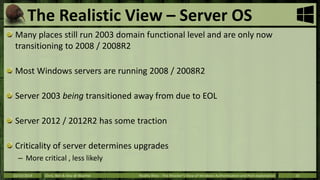 The Realistic View – Server OS 
Many places still run 2003 domain functional level and are only now 
transitioning to 2008...