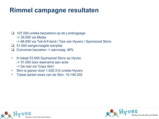 107.000 unieke bezoekers op de Landingpage -> 39.000 via Media -> 68.000 via Tell-A-Friend / Tips van Hyvers / Sponsored Skins 51.000 aangevraagde samples Conversie bezoeker -> aanvraag: 48% In totaal 53.586 Sponsored Skins op Hyves.  -> 51.000 door deelname aan actie -> De rest via ‘Copy Skin’ Skin is gezien door 1.028.312 unieke Hyvers Totaal aantal views van de Skin: 10.148.335 Rimmel campagne resultaten 