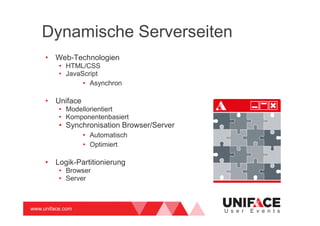 www.uniface.com U s e r E v e n t s
Dynamische Serverseiten
• Web-Technologien
• HTML/CSS
• JavaScript
• Asynchron
• Uniface
• Modellorientiert
• Komponentenbasiert
• Synchronisation Browser/Server
• Automatisch
• Optimiert
• Logik-Partitionierung
• Browser
• Server
 
