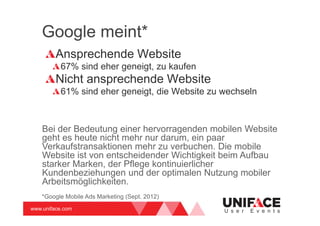 www.uniface.com U s e r E v e n t s
Google meint*
Ansprechende Website
67% sind eher geneigt, zu kaufen
Nicht ansprechende Website
61% sind eher geneigt, die Website zu wechseln
*Google Mobile Ads Marketing (Sept. 2012)
Bei der Bedeutung einer hervorragenden mobilen Website
geht es heute nicht mehr nur darum, ein paar
Verkaufstransaktionen mehr zu verbuchen. Die mobile
Website ist von entscheidender Wichtigkeit beim Aufbau
starker Marken, der Pflege kontinuierlicher
Kundenbeziehungen und der optimalen Nutzung mobiler
Arbeitsmöglichkeiten.
 