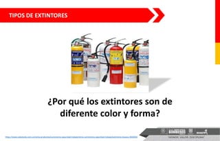 TIPOS DE EXTINTORES
¿Por qué los extintores son de
diferente color y forma?
https://www.solostocks.com.co/venta-productos/suministros-seguridad-trabajo/otros-suministros-seguridad-trabajo/extintores-boyaca-3826926
 