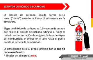 EXTINTOR DE DIÓXIDO DE CARBONO
El dióxido de carbono líquido forma hielo
seco ("nieve") cuando se libera directamente en la
atmósfera.
El gas de dióxido de carbono es 1,5 veces más pesado
que el aire. El dióxido de carbono extingue el fuego al
reducir la concentración de oxígeno, la fase de vapor
del combustible, o ambos en el aire hasta el punto
donde se detiene la combustión.
Es almacenado bajo su propia presión por lo que no
tiene manómetro.
* El color del cilindro es rojo.
 