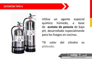 EXTINTOR TIPO K
Utiliza un agente especial
químico húmedo, a base
de acetato de potasio de bajo
pH, desarrollado especialmente
para los fuegos en cocinas.
*El color del cilindro es
plateado.
 