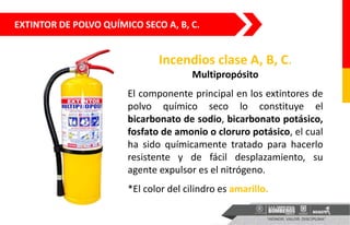 EXTINTOR DE POLVO QUÍMICO SECO A, B, C.
Incendios clase A, B, C.
Multipropósito
El componente principal en los extintores de
polvo químico seco lo constituye el
bicarbonato de sodio, bicarbonato potásico,
fosfato de amonio o cloruro potásico, el cual
ha sido químicamente tratado para hacerlo
resistente y de fácil desplazamiento, su
agente expulsor es el nitrógeno.
*El color del cilindro es amarillo.
 