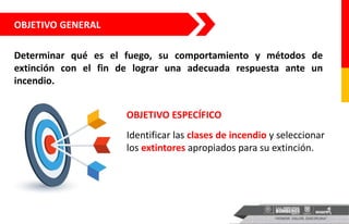 OBJETIVO GENERAL
Determinar qué es el fuego, su comportamiento y métodos de
extinción con el fin de lograr una adecuada respuesta ante un
incendio.
OBJETIVO ESPECÍFICO
Identificar las clases de incendio y seleccionar
los extintores apropiados para su extinción.
 