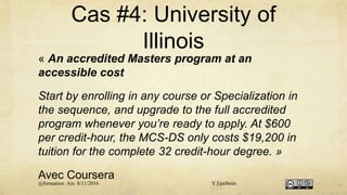 Cas #4: University of
Illinois
« An accredited Masters program at an
accessible cost
Start by enrolling in any course or Specialization in
the sequence, and upgrade to the full accredited
program whenever you’re ready to apply. At $600
per credit-hour, the MCS-DS only costs $19,200 in
tuition for the complete 32 credit-hour degree. »
Avec Coursera
@formation Aix 8/11/2016 Y.Epelboin
 
