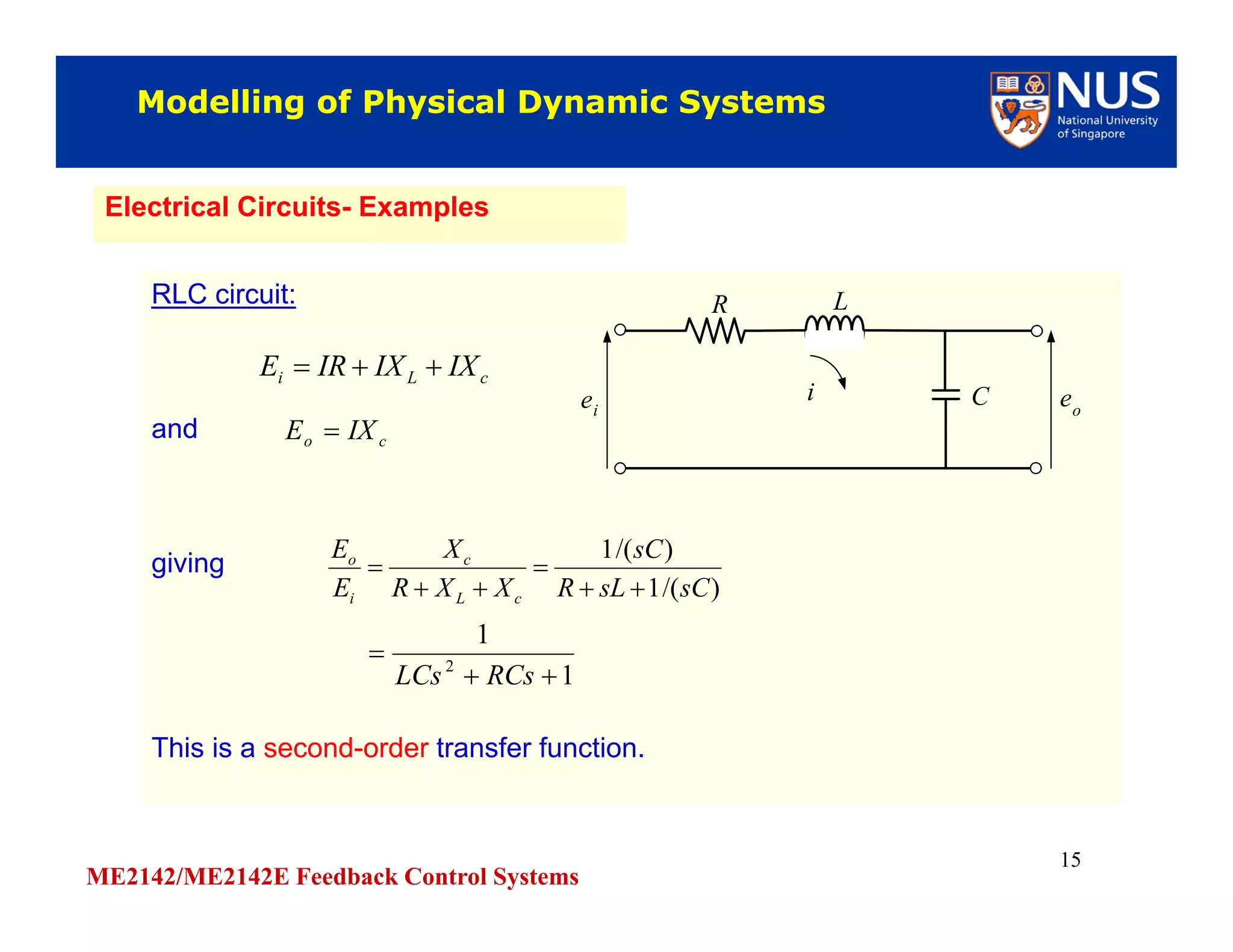 ME2142/ME2142E Feedback Control Systems
15
Modelling of Physical Dynamic SystemsModelling of Physical Dynamic Systems
Electrical Circuits- ExamplesElectrical Circuits- Examples
RLC circuit:
and
giving
This is a second-order transfer function.
RLC circuit:
and
giving
This is a second-order transfer function.
cLi IXIXIRE 
co IXE 
)/(1
)/(1
sCsLR
sC
XXR
X
E
E
cL
c
i
o




1
1
2


RCsLCs
ei
i C
R
eo
L
 