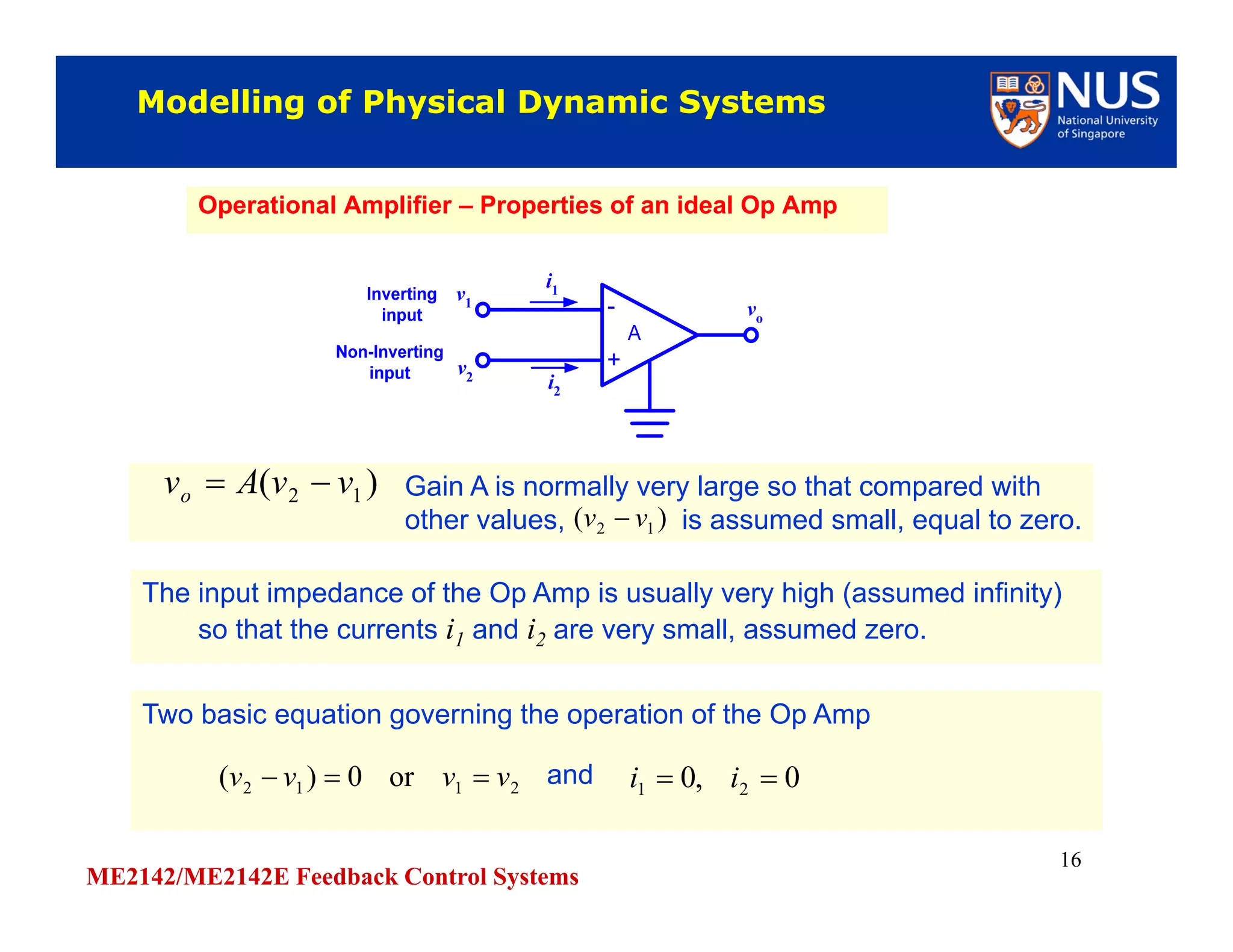 ME2142/ME2142E Feedback Control Systems
16
Modelling of Physical Dynamic SystemsModelling of Physical Dynamic Systems
Operational Amplifier – Properties of an ideal Op AmpOperational Amplifier – Properties of an ideal Op Amp
Gain A is normally very large so that compared with
other values, is assumed small, equal to zero.
Gain A is normally very large so that compared with
other values, is assumed small, equal to zero.
)( 12 vvAvo 
)( 12 vv 
The input impedance of the Op Amp is usually very high (assumed infinity)
so that the currents i1 and i2 are very small, assumed zero.
The input impedance of the Op Amp is usually very high (assumed infinity)
so that the currents i1 and i2 are very small, assumed zero.
Two basic equation governing the operation of the Op Amp
and
Two basic equation governing the operation of the Op Amp
and 0,0 21  ii2112 or0)( vvvv 
 