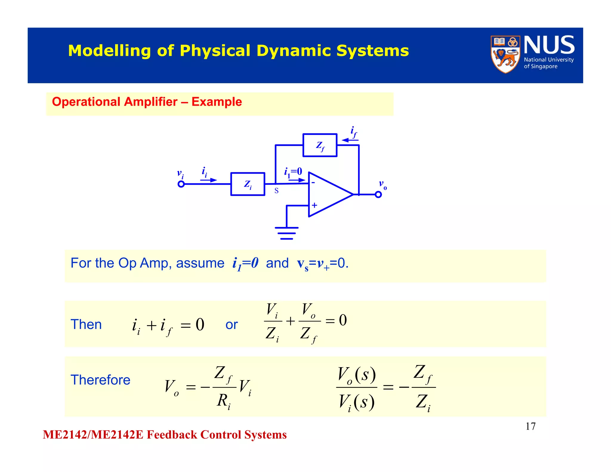 ME2142/ME2142E Feedback Control Systems
17
Modelling of Physical Dynamic SystemsModelling of Physical Dynamic Systems
Operational Amplifier – ExampleOperational Amplifier – Example
For the Op Amp, assume i1=0 and vs=v+=0.For the Op Amp, assume i1=0 and vs=v+=0.
-
+
vi
i1
=0
voZi
Zf
ii
if
S
Then orThen or0 fi ii 0
f
o
i
i
Z
V
Z
V
ThereforeTherefore
i
f
i
o
Z
Z
sV
sV

)(
)(
i
i
f
o V
R
Z
V 
 