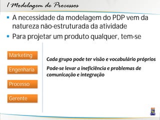 1 Modelagem de Processos
 A necessidade da modelagem do PDP vem da
  natureza não-estruturada da atividade
 Para projetar um produto qualquer, tem-se

Marketing
             Cada grupo pode ter visão e vocabulário próprios
Engenharia   Pode-se levar a ineficiência e problemas de
             comunicação e integração
Processo

Gerente
 