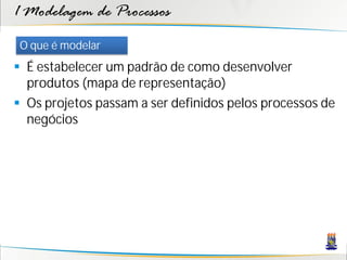 1 Modelagem de Processos
 O que é modelar
 É estabelecer um padrão de como desenvolver
  produtos (mapa de representação)
 Os projetos passam a ser definidos pelos processos de
  negócios
 