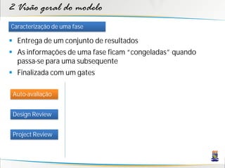 2 Visão geral do modelo
Caracterização de uma fase

 Entrega de um conjunto de resultados
 As informações de uma fase ficam “congeladas” quando
  passa-se para uma subsequente
 Finalizada com um gates

 Auto-avaliação


 Design Review


 Project Review
 
