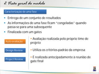 2 Visão geral do modelo
Caracterização de uma fase

 Entrega de um conjunto de resultados
 As informações de uma fase ficam “congeladas” quando
  passa-se para uma subsequente
 Finalizada com um gates

                     Avaliação realizada pelo próprio time de
 Auto-avaliação
                    projeto

 Design Review       Utiliza os critérios-padrão da empresa

                     É realizada antecipadamente à reunião de
 Project Review
                    gate final
 