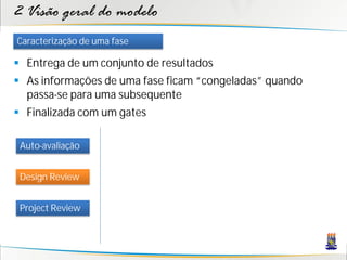 2 Visão geral do modelo
Caracterização de uma fase

 Entrega de um conjunto de resultados
 As informações de uma fase ficam “congeladas” quando
  passa-se para uma subsequente
 Finalizada com um gates

 Auto-avaliação


 Design Review


 Project Review
 