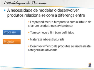 1 Modelagem de Processos
 A necessidade de modelar o desenvolver
  produtos relaciona-se com a diferença entre
              Empreendimento temporário com o intuito de
             criar um produto ou serviço único

Processo      Tem começo e fim bem definidos

              Natureza não-estruturada
Projeto
              Desenvolvimento de produtos se insere nesta
             categoria de atividade
 