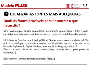 Modelo PLUS
❷ LOCALIZAR AS FONTES MAIS ADEQUADAS
Quais as fontes prováveis para encontrar o que
necessito?
pessoas (amigos, família, comunidade, organizações empresariais…). Preciso de
consultar uma lista para encontrar o endereço ou um nº de telefone das fontes?
bibliotecas (escolar, municipal, pública). Tenho tempo para me deslocar? Vou
utilizar o catálogo da biblioteca escolar, enciclopédias, revistas e jornais, atlas,
livros de ficção e não ficção, CD-Rom, internet, sites, blogues, vídeos...?
 sala de aula (livros de texto, orientações/ sínteses dadas pelo professor,
trabalhos...)
 casa (livros, jornais, revistas, televisão, rádio...)
 
