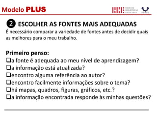 Modelo PLUS
❷ ESCOLHER AS FONTES MAIS ADEQUADAS
É necessário comparar a variedade de fontes antes de decidir quais
as melhores para o meu trabalho.
Primeiro penso:
a fonte é adequada ao meu nível de aprendizagem?
a informação está atualizada?
encontro alguma referência ao autor?
encontro facilmente informações sobre o tema?
há mapas, quadros, figuras, gráficos, etc.?
a informação encontrada responde às minhas questões?
 