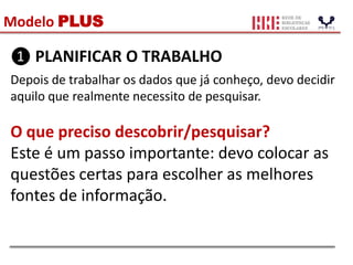 Modelo PLUS
❶ PLANIFICAR O TRABALHO
Depois de trabalhar os dados que já conheço, devo decidir
aquilo que realmente necessito de pesquisar.
O que preciso descobrir/pesquisar?
Este é um passo importante: devo colocar as
questões certas para escolher as melhores
fontes de informação.
 