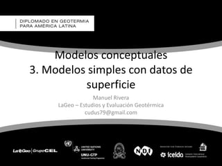 Modelos conceptuales
3. Modelos simples con datos de
superficie
Manuel Rivera
LaGeo – Estudios y Evaluación Geotérmica
cudus79@gmail.com
 