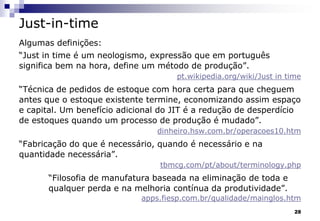 28
Just-in-time
Algumas definições:
“Just in time é um neologismo, expressão que em português
significa bem na hora, define um método de produção”.
pt.wikipedia.org/wiki/Just in time
“Técnica de pedidos de estoque com hora certa para que cheguem
antes que o estoque existente termine, economizando assim espaço
e capital. Um benefício adicional do JIT é a redução de desperdício
de estoques quando um processo de produção é mudado”.
dinheiro.hsw.com.br/operacoes10.htm
“Fabricação do que é necessário, quando é necessário e na
quantidade necessária”.
tbmcg.com/pt/about/terminology.php
“Filosofia de manufatura baseada na eliminação de toda e
qualquer perda e na melhoria contínua da produtividade”.
apps.fiesp.com.br/qualidade/mainglos.htm
 