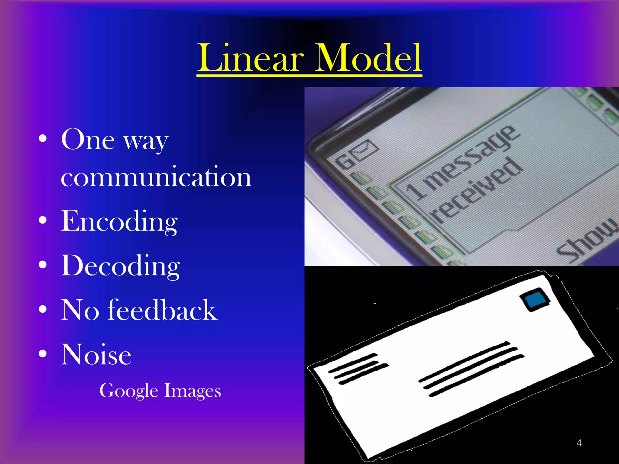 Linear Model
• One way
  communication
• Encoding
• Decoding
• No feedback
• Noise
    Google Images

                             4
 