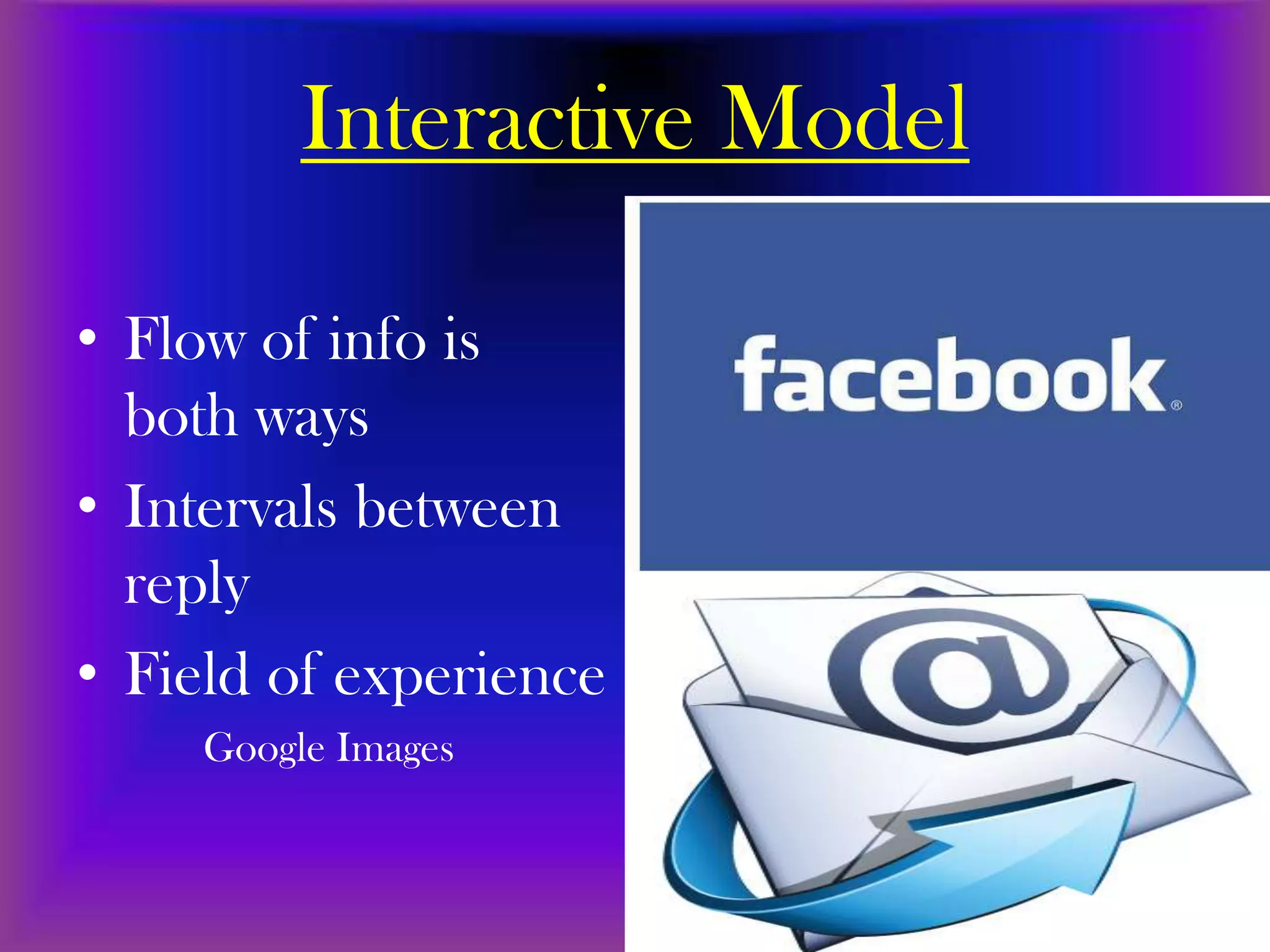 Interactive Model

• Flow of info is
  both ways
• Intervals between
  reply
• Field of experience
     Google Images


                              6
 