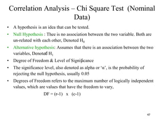 47
Correlation Analysis – Chi Square Test (Nominal
Data)
• A hypothesis is an idea that can be tested.
• Null Hypothesis : Thee is no association between the two variable. Both are
un-related with each other, Denoted H0
• Alternative hypothesis: Assumes that there is an association between the two
variables, Denoted H1
• Degree of Freedom & Level of Significance
• The significance level, also denoted as alpha or ‗α‘, is the probability of
rejecting the null hypothesis, usually 0.05
• Degrees of Freedom refers to the maximum number of logically independent
values, which are values that have the freedom to vary,
DF = (r-1) x (c-1)
2

2

 