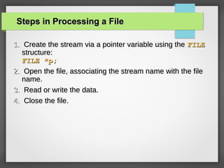Steps in Processing a FileSteps in Processing a File
1.1. Create the stream via a pointer variable using theCreate the stream via a pointer variable using the FILEFILE
structure:structure:
FILE *p;FILE *p;
2.2. Open the file, associating the stream name with the fileOpen the file, associating the stream name with the file
name.name.
3.3. Read or write the data.Read or write the data.
4.4. Close the file.Close the file.
 