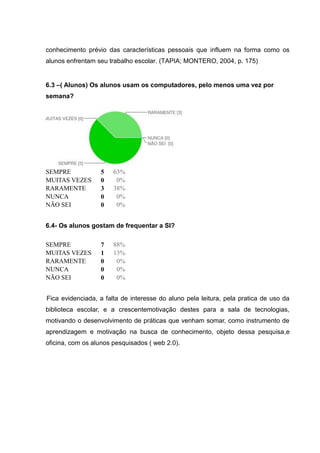 conhecimento prévio das características pessoais que influem na forma como os
alunos enfrentam seu trabalho escolar. (TAPIA; MONTERO, 2004, p. 175)

6.3 –( Alunos) Os alunos usam os computadores, pelo menos uma vez por
semana?

SEMPRE
MUITAS VEZES
RARAMENTE
NUNCA
NÃO SEI

5
0
3
0
0

63%
0%
38%
0%
0%

6.4- Os alunos gostam de frequentar a SI?
SEMPRE
MUITAS VEZES
RARAMENTE
NUNCA
NÃO SEI

7
1
0
0
0

88%
13%
0%
0%
0%

Fica evidenciada, a falta de interesse do aluno pela leitura, pela pratica de uso da
biblioteca escolar, e a crescentemotivação destes para a sala de tecnologias,
motivando o desenvolvimento de práticas que venham somar, como instrumento de
aprendizagem e motivação na busca de conhecimento, objeto dessa pesquisa,e
oficina, com os alunos pesquisados ( web 2.0).

 