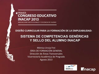 DISEÑO CURRICULAR PARA LA FORMACIÓN DE LA EMPLEABILIDAD:
SISTEMA DE COMPETENCIAS GENÉRICAS
Y SELLO DEL ALUMNO INACAP
Mónica Urzúa Frei
ÁREA DE FORMACIÓN GENERAL
Dirección de Áreas Transversales
Vicerrectoría Académica de Pregrado
Agosto 2013
 