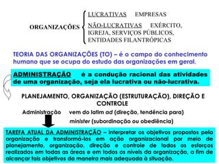 ORGANIZAÇÕES
LUCRATIVAS EMPRESAS
NÃO-LUCRATIVAS EXÉRCITO,
IGREJA, SERVIÇOS PÚBLICOS,
ENTIDADES FILANTRÓPICAS
TEORIA DAS ORGANIZAÇÕES (TO) – é o campo do conhecimento
humano que se ocupa do estudo das organizações em geral.
ADMINISTRAÇÃO é a condução racional das atividades
de uma organização, seja ela lucrativa ou não-lucrativa.
PLANEJAMENTO, ORGANIZAÇÃO (ESTRUTURAÇÃO), DIREÇÃO E
CONTROLE
Administração vem do latim ad (direção, tendência para)
minister (subordinação ou obediência)
TAREFA ATUAL DA ADMINISTRAÇÃO – interpretar os objetivos propostos pela
organização e transformá-los em ação organizacional por meio de
planejamento, organização, direção e controle de todos os esforços
realizados em todas as áreas e em todos os níveis da organização, a fim de
alcançar tais objetivos da maneira mais adequada à situação.
 