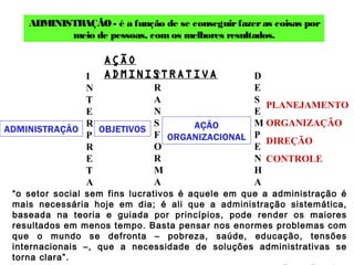 ADMINISTRAÇÃO- é a função de se conseguirfazeras coisas por
meio de pessoas, comos melhores resultados.
ADMINISTRAÇÃO OBJETIVOS
I
N
T
E
R
P
R
E
T
A
AÇÃO
ORGANIZACIONAL
T
R
A
N
S
F
O
R
M
A
D
E
S
E
M
P
E
N
H
A
PLANEJAMENTO
ORGANIZAÇÃO
DIREÇÃO
CONTROLE
AÇÃO
ADMINISTRATIVA
“o setor social sem fins lucrativos é aquele em que a administração é
mais necessária hoje em dia; é ali que a administração sistemática,
baseada na teoria e guiada por princípios, pode render os maiores
resultados em menos tempo. Basta pensar nos enormes problemas com
que o mundo se defronta – pobreza, saúde, educação, tensões
internacionais –, que a necessidade de soluções administrativas se
torna clara”.
 
