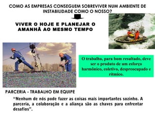 COMO AS EMPRESAS CONSEGUEM SOBREVIVER NUM AMBIENTE DE
INSTABILIDADE COMO O NOSSO?
VIVER O HOJE E PLANEJAR O
AMANHÃ AO MESMO TEMPO
PARCERIA - TRABALHO EM EQUIPE
O trabalho, para bom resultado, deve
ser o produto de um esforço
harmônico, coletivo, despreocupado e
rítmico.
“Nenhum de nós pode fazer as coisas mais importantes sozinho. A
parceria, a colaboração e a aliança são as chaves para enfrentar
desafios”.
 