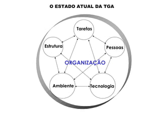 O ESTADO ATUAL DA TGA
Tarefas
Pessoas
TecnologiaAmbiente
Estrutura
ORGANIZAÇÃO
 