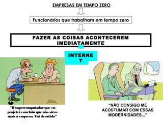 EMPRESAS EM TEMPO ZERO
Funcionários que trabalham em tempo zero
FAZER AS COISAS ACONTECEREM
IMEDIATAMENTE
INTERNE
T
“NÃO CONSIGO ME
ACOSTUMAR COM ESSAS
MODERNIDADES...”
“O supercomputadorque eu
projetei concluiu que não sirvo
mais à empresa. Fui demitido”
 