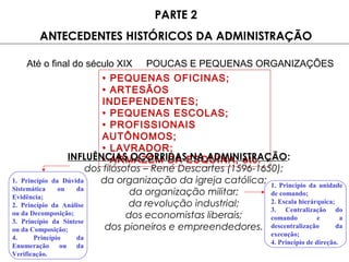 PARTE 2
ANTECEDENTES HISTÓRICOS DA ADMINISTRAÇÃO
Até o final do século XIX POUCAS E PEQUENAS ORGANIZAÇÕES
• PEQUENAS OFICINAS;
• ARTESÃOS
INDEPENDENTES;
• PEQUENAS ESCOLAS;
• PROFISSIONAIS
AUTÔNOMOS;
• LAVRADOR;
• ARMAZÉM DA ESQUINA, etc.INFLUÊNCIAS OCORRIDAS NA ADMINISTRAÇÃO:
dos filósofos – René Descartes (1596-1650);
da organização da igreja católica;
da organização militar;
da revolução industrial;
dos economistas liberais;
dos pioneiros e empreendedores.
1. Princípio da Dúvida
Sistemática ou da
Evidência;
2. Princípio da Análise
ou da Decomposição;
3. Princípio da Síntese
ou da Composição;
4. Princípio da
Enumeração ou da
Verificação.
1. Princípio da unidade
de comando;
2. Escala hierárquica;
3. Centralização do
comando e a
descentralização da
execução;
4. Princípio de direção.
 