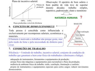 Remuneração
Peças produzidas e nível de eficiência
100% 110%
Prêmio de
produção
Plano de incentivo salarial: Observação: O operário de bom salário e
bom padrão de vida teve de suportar
durante décadas: trabalho simples,
repetitivo, padronizado, chato e monótono
NATUREZA HUMANA ?
6. CONCEITO DE HOMO ECONOMICUS
Toda pessoa é concebida como influenciada e
exclusivamente por recompensas salariais, econômicas e
materiais.
O homem é motivado a trabalhar não porque gosta, mas
pelo medo da fome e pela necessidade de dinheiro para
viver.
MASLOW
Auto-realização
Auto-estima
Sociais
Segurança
Fisiológicas
Necessidadespsicológicas
7. CONDIÇÕES DE TRABALHO
Eficiência = f (método de trabalho, incentivo salarial, conjunto de condições de
trabalho que garantam o bem estar físico do trabalhador e diminuam a fadiga).
adequação de instrumentos, ferramentas e equipamentos de produção;
arranjo físico das máquinas e equipamentos para racionalizar o fluxo da produção;
melhoria do ambiente físico de trabalho: ruído, ventilação, iluminação e conforto;
projeto de instrumentos e equipamentos especiais para certos cargos: reduzir movimentos
desnecessários.
 