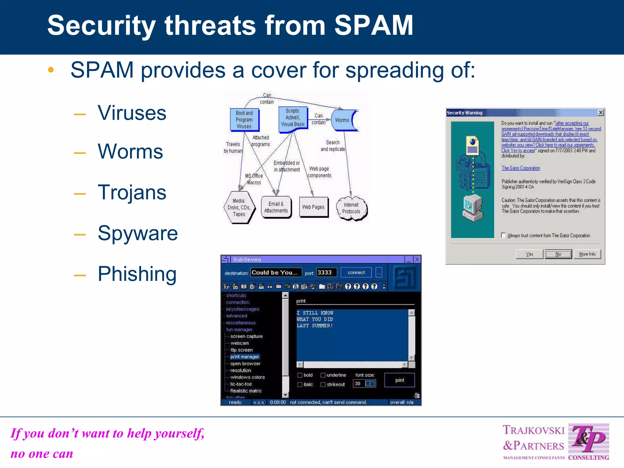 Security threats from SPAM  SPAM provides a cover for spreading of:  Viruses   Worms  Trojans Spyware Phishing 