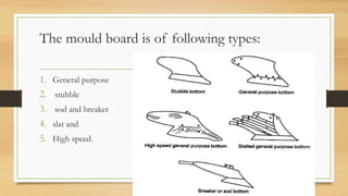 The mould board is of following types:
1. General purpose
2. stubble
3. sod and breaker
4. slat and
5. High speed.
 