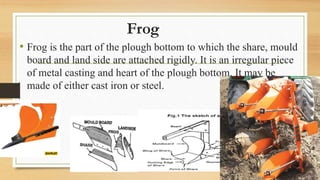 Frog
• Frog is the part of the plough bottom to which the share, mould
board and land side are attached rigidly. It is an irregular piece
of metal casting and heart of the plough bottom. It may be
made of either cast iron or steel.
 
