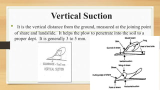 Vertical Suction
• It is the vertical distance from the ground, measured at the joining point
of share and landslide. It helps the plow to penetrate into the soil to a
proper dept. It is generally 3 to 5 mm.
 