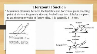 Horizontal Suction
• Maximum clearance between the landslide and horizontal plane touching
point of share at its gunnels side and heel of landslide. It helps the plow
to cut the proper width of furrow slice. It is generally 5-13 mm.
 