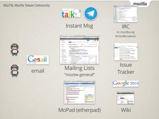 mozillaMozTW, Mozilla Taiwan Community
MoPad (etherpad)
Instant Msg
Wiki
Issue?
Trackeremail
Mailing Lists
moztw-general
IRC
irc.mozilla.org?
#mozilla-taiwan
 