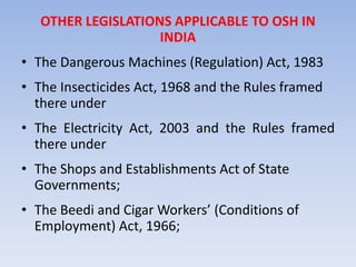 OTHER LEGISLATIONS APPLICABLE TO OSH IN
INDIA
• The Dangerous Machines (Regulation) Act, 1983
• The Insecticides Act, 1968 and the Rules framed
there under
• The Electricity Act, 2003 and the Rules framed
there under
• The Shops and Establishments Act of State
Governments;
• The Beedi and Cigar Workers’ (Conditions of
Employment) Act, 1966;
 
