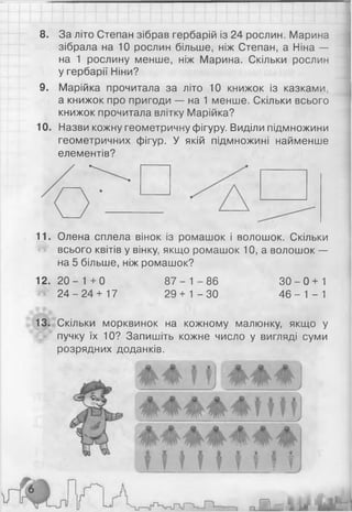 8. За літо Степан зібрав гербарій із 24 рослин. Марина
зібрала на 10 рослин більше, ніж Степан, а Ніна —
на 1 рослину менше, ніж Марина. Скільки рослин
у гербарії Ніни?
9. Марійка прочитала за літо 10 книжок із казками,
а книжок про пригоди — на 1 менше. Скільки всього
книжок прочитала влітку Марійка?
10. Назви кожну геометричну фігуру. Виділи підмножини
геометричних фігур. У якій підмножині найменше
елементів?
11. Олена сплела вінок із ромашок і волошок. Скільки
всього квітів у вінку, якщо ромашок 10, а волошок —
на 5 більше, ніж ромашок?
12. 20 - 1 + 0 8 7 - 1 -8 6 3 0 -0 + 1
24 - 24 + 17 29+ 1 -3 0 4 6 - 1 -1
13. Скільки морквинок на кожному малюнку, якщо у
пучку їх 10? Запишіть кожне число у вигляді суми
розрядних доданків.
ЩГ
Н І І І І І І І
п П_. ■
 